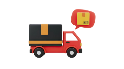 3D Delivery truck with package in speech bubble on transparent background