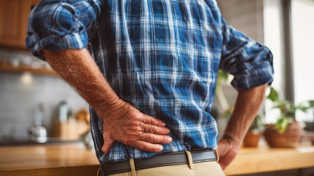 Man suffering from lower back pain, holding his aching back.
