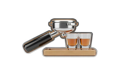 3D Espresso machine portafilter with two shot glasses on transparent background