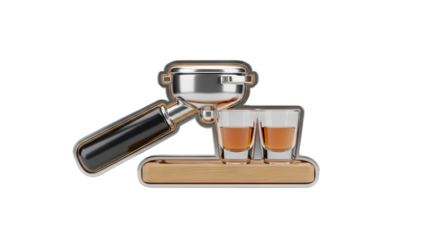 3D Espresso machine portafilter with two shot glasses on transparent background