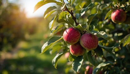 Candid photo of a sunlit apple tree heavy with red fruit in a green orchard