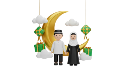 3D Cute Muslim Couple with Crescent Moon and Ketupat for Ramadan on transparent background