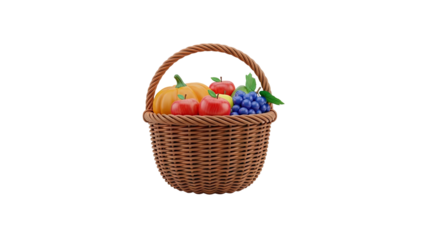 3D Fruit and Pumpkin Basket on transparent background