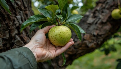 Candid shot of a person picking a fresh green apple from a gnarled old tree