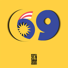 Malaysia Independence Day, 31st August. 69 years of independence vector illustration in yellow background. 68 with 6 in stripes, crescent moon and stars and a plain 9, Also with text and date all in t