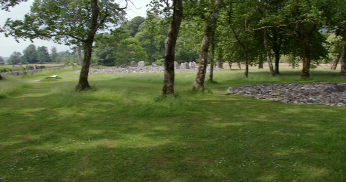 Long panning shot of both southern and northen Temple Wood Stone Circle and Standing Stones next to Nether Largie Standing Stones at Kilmartin