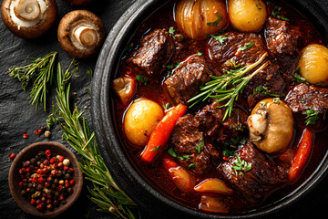 Beef bourguignon - meat stew with vegetables and mushrooms with red wine, traditinal dish of french cuisine. Top view with copy space.