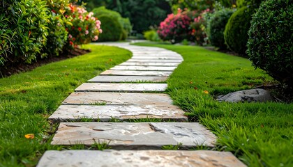 Obraz premium A winding stone path meanders through a vibrant garden, lush green grass and blooming flowers