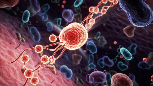 Microscopic view of various bacteria and microbes, science and microbiology concept, colorful and detailed illustration.