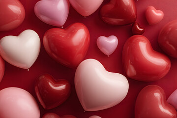 Valentine's day background with red and pink hearts like balloons on red background, flat lay, top-down view