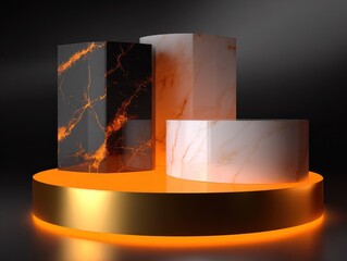 Abstract geometric podium display with marble texture and golden illumination