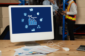 Cost reduction, cost saving concept shown on computer screen brisk, corporate business efficiently...