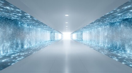 Futuristic Data Center Corridor with Glowing Blue Lights, Modern Architecture for Technology and Innovation