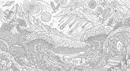 Intricate monochrome landscape depicts fantastical elements including mythical creatures, celestial bodies, and lush wilderness.