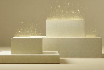 Abstract geometric podium display with sparkling light effects and copy space