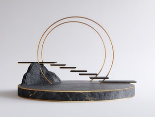 Abstract geometric podium with golden rings and staircase for product display
