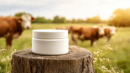 Cosmetic cream jar on a wooden stump with cows grazing in a sunny meadow background