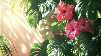 Sunlit Tropical Hibiscus and Palm Leaves