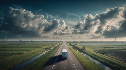 Fototapeta premium Truck driving on open highway through countryside landscape under cloudy skies delivering cargo
