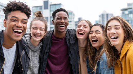 Diverse Group of Young Adults Laughing Together in Urban Setting, Celebrating Friendship and Enjoying Life
