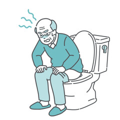 トイレでいきむ・お腹を押さえて苦しむ高齢男性のイラスト（便秘・下痢・腹痛）