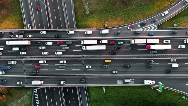 Aerial highway view with heavy traffic congestion at daytime