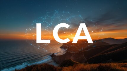 Life Cycle Assessment Concept: Abstract Network Overlays a Coastal Landscape at Sunset Illustrating Sustainability