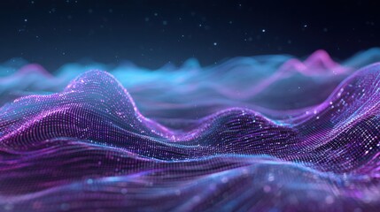 Abstract Glowing Data Landscape Visualization with Digital Waves and Particle Stream in Blue and Purple