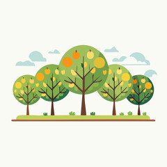 Fototapeta premium Stylized Orchard with Colorful Fruit and Clouds in the Sky.