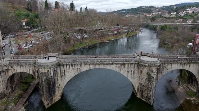 River Tamega connecting Sao Gon&ccedil;alo catholic church, Amarante city, Aerial