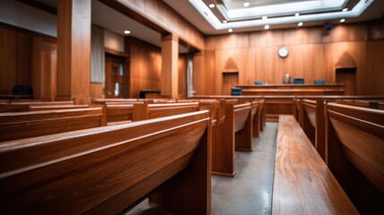 Naklejka na ściany i meble Empty courtroom interior featuring wooden benches, paneling, and a stately judge's bench, symbolizing law and justice