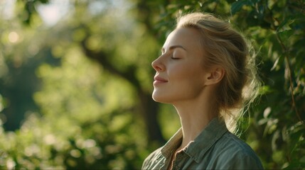 Fototapeta premium Serene Woman Enjoying Nature: Peaceful Portrait of Relaxation and Wellbeing in a Lush Green Environment