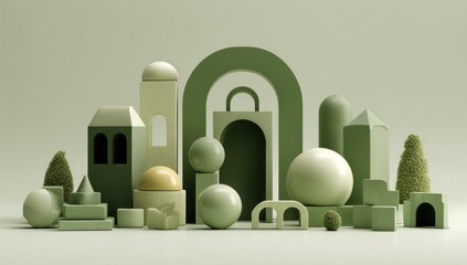 Abstract geometric shapes composition in green tones on light background