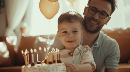 Father and Son Celebrating Birthday with Cake, Candles, Balloons, and Joyful Smiles Togetherness in Home