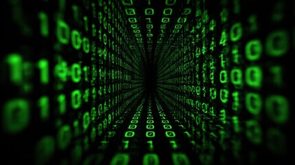 Abstract digital tunnel of binary code depicting data processing, network security and artificial intelligence