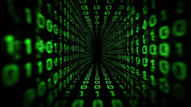 Abstract digital tunnel of binary code depicting data processing, network security and artificial intelligence - Powered by Adobe