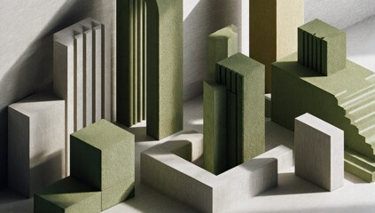 Abstract geometric shapes composition in green and white with shadows