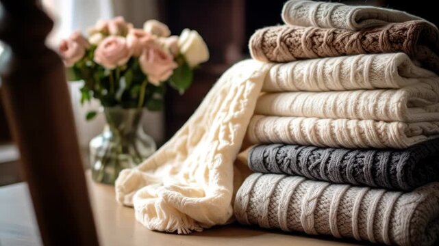 A neatly stacked pile of warm, cozy knitted sweaters and blankets in neutral colors on a table with flowers in the background.