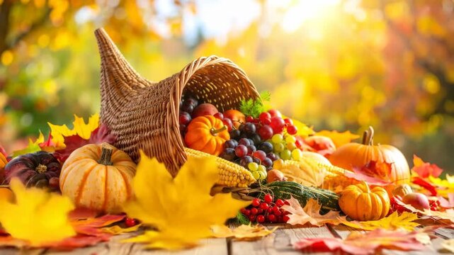A bountiful cornucopia overflowing with colorful autumn harvest produce and festive fall leaves on a rustic wooden table.