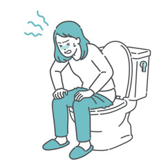 トイレでいきむ・お腹を押さえて苦しむ女性のイラスト（便秘・下痢・腹痛・生理痛）