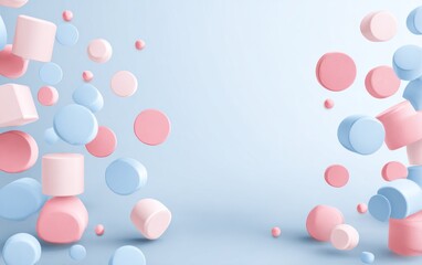 Abstract geometric shapes floating on a light blue background with copy space