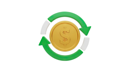 3D Dollar coin with circular arrow icon symbolizing financial cycle on transparent background