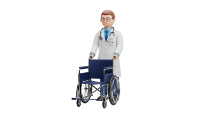 3D Doctor pushing a wheelchair on transparent background