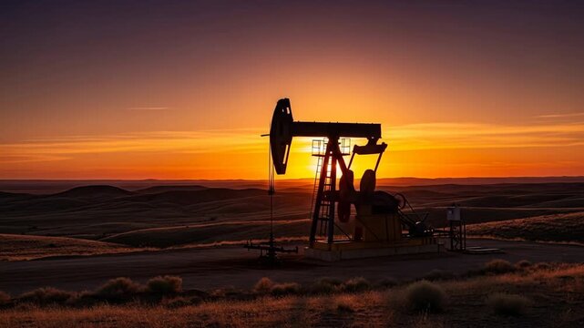 An oil pump jack operates in silhouette against a breathtaking sunset over a vast, arid landscape.