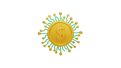 3D Golden Dollar Coin with Circuit Board Connections on transparent background