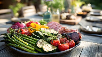 Obraz premium Delicious Grilled Vegetable Platter with Meats on Outdoor Table.