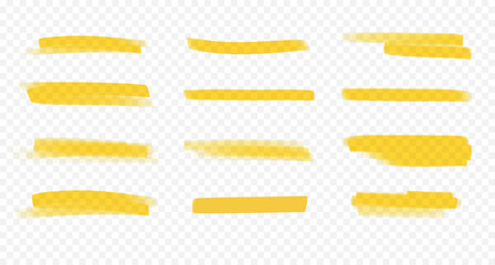 Yellow highlight and underline marks. Hand-drawn marker strokes isolated on semi-transparent backdrop