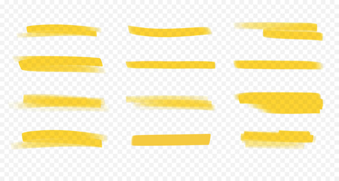 Yellow highlight and underline marks. Hand-drawn marker strokes isolated on semi-transparent backdrop