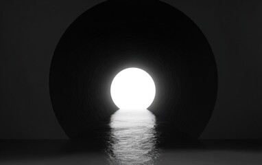 Abstract geometric sphere with bright light reflecting on water surface