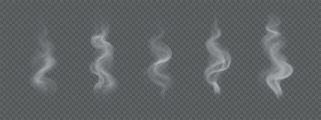 Smoke from tea, coffee, food. Wavy, realistic steam isolated on transparent background